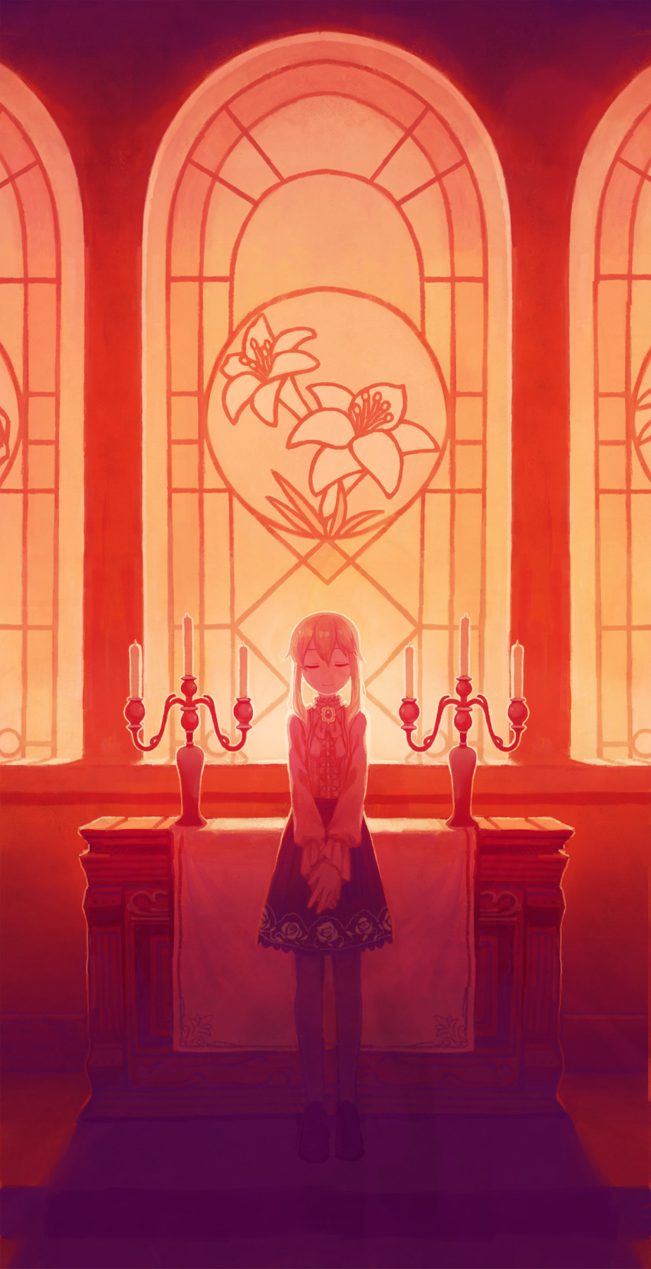 altar backlighting bangs blouse blue_skirt brooch candlestand church_interior clarice_(idolmaster) closed_eyes facing_viewer floral_print flower frilled_sleeves frills hands_on_lap hands_together highres idolmaster idolmaster_cinderella_girls indoors jewelry long_hair long_sleeves naname_(fossama1) pantyhose pleated_skirt shoes sidelocks skirt stained_glass standing white_blouse