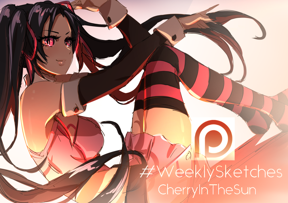 1girl black_hair breasts cherry_in_the_sun closed_mouth commentary crop_top detached_sleeves english_commentary hair_ribbon high_school_dxd large_breasts long_hair looking_at_viewer midriff pink_eyes ribbon serafall_leviathan sketch skirt smile solo striped striped_legwear thigh-highs twintails