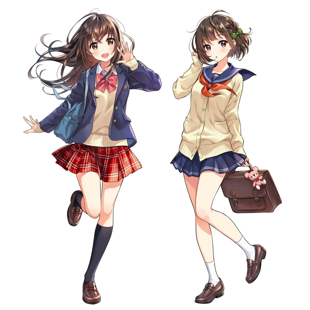 2girls :d :o bag bag_charm bangs black_legwear blazer blue_jacket blue_sailor_collar blue_skirt blush bow bowtie brown_cardigan brown_eyes brown_footwear brown_hair brown_sweater cardigan charm_(object) commentary_request eyebrows_visible_through_hair green_bow hair_between_eyes hair_bow hand_up head_tilt holding holding_bag jacket kneehighs loafers long_sleeves morikura_en multiple_girls neckerchief open_blazer open_clothes open_jacket open_mouth original parted_lips plaid plaid_skirt pleated_skirt red_neckwear red_skirt sailor_collar school_bag school_briefcase school_uniform serafuku shoes simple_background skirt sleeves_past_wrists smile socks standing standing_on_one_leg sweater upper_teeth white_background white_legwear