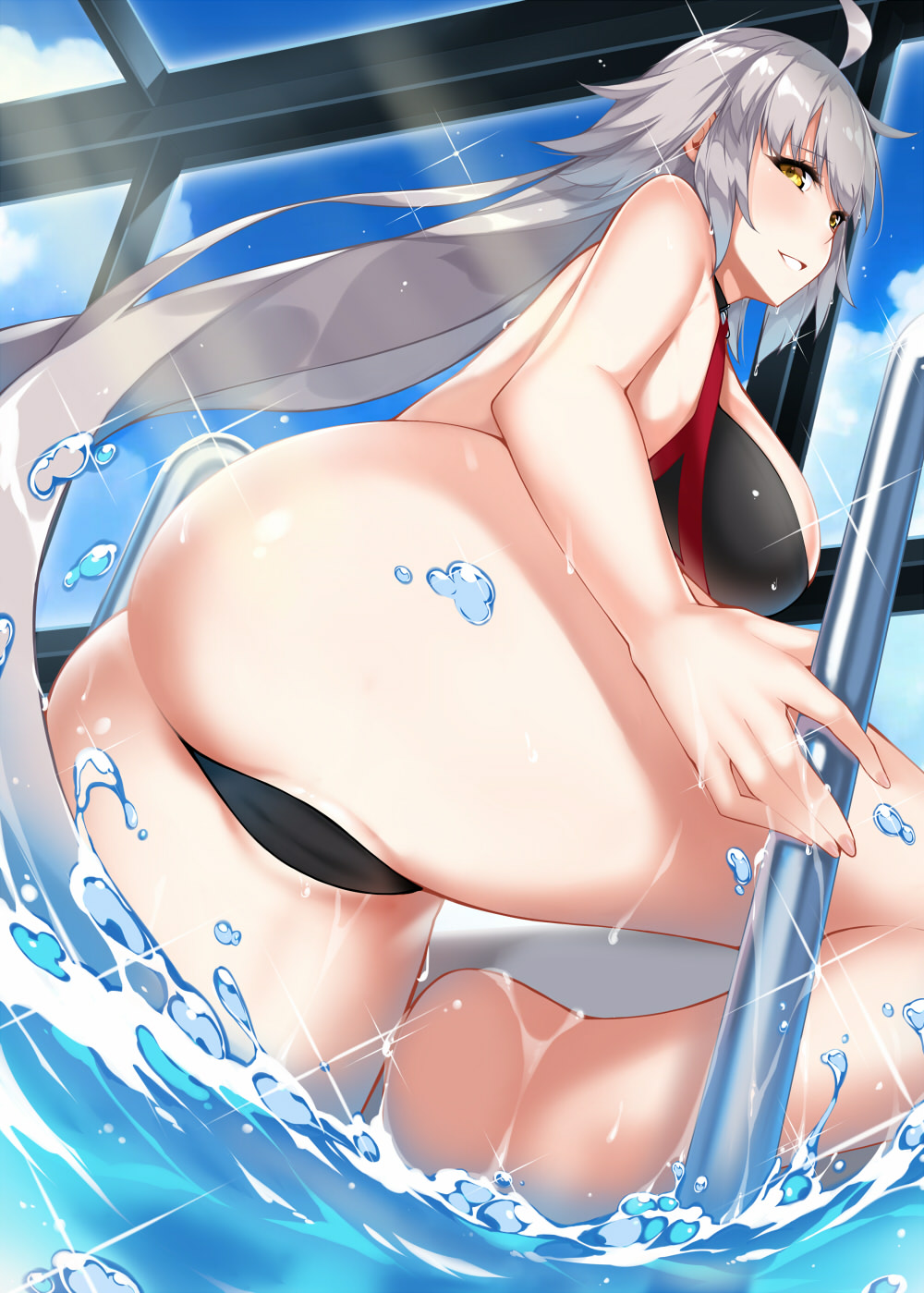 1girl ass bangs bikini breasts clouds cloudy_sky commentary_request dean eyebrows_visible_through_hair fate/grand_order fate_(series) highres indoors jeanne_d'arc_(alter)_(fate) jeanne_d'arc_(fate)_(all) long_hair open_mouth pool pool_ladder silver_hair sky smile solo swimsuit tsurime water window yellow_eyes