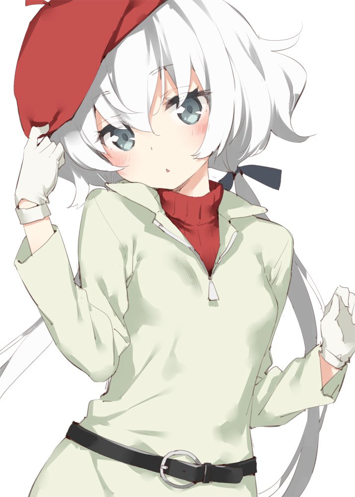 1girl arm_up belt commentary_request dress gloves grey_eyes hand_on_headwear hat head_tilt konno_junko long_hair low_twintails peko red_hat red_sweater ribbon simple_background solo sweater twintails upper_body very_long_hair white_background white_dress white_gloves white_hair zombie_land_saga