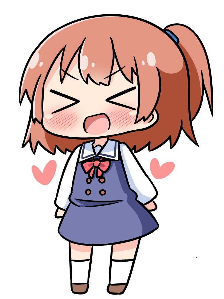 &gt;_&lt; 1girl :d bangs blue_dress blush bow brown_footwear brown_hair chibi closed_eyes commentary_request dress eyebrows_visible_through_hair facing_viewer full_body hana_kazari heart hoshino_hinata kneehighs long_sleeves one_side_up open_mouth red_bow sailor_collar school_uniform shirt shoes simple_background sleeveless sleeveless_dress smile solo standing v-shaped_eyebrows watashi_ni_tenshi_ga_maiorita! white_background white_legwear white_sailor_collar white_shirt xd