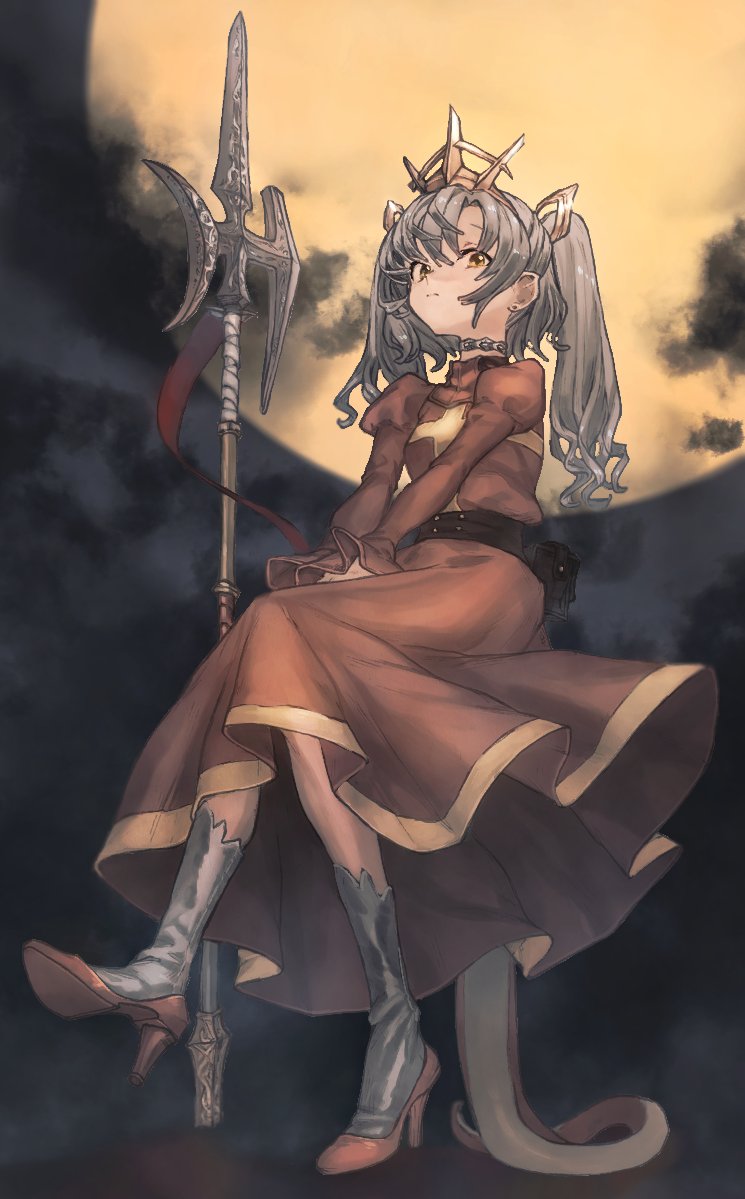 1girl asu_oki belt choker clouds cloudy_sky collar cross crown dress earrings gold greyscale hatching_(texture) high_heels jewelry long_hair looking_at_viewer mashimashi monochrome moon original red_dress red_footwear sitting sky solo sparkle tail weapon yellow_eyes yellow_moon