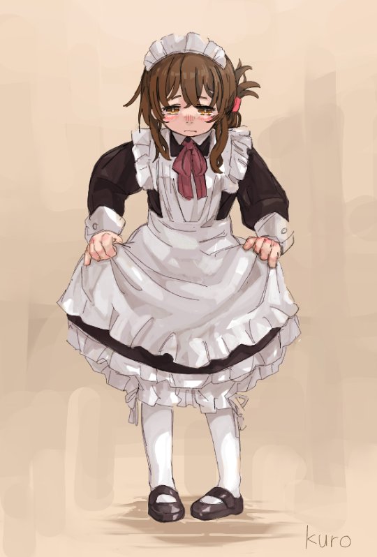 1girl alternate_costume apron black_dress blush dress enmaided frills inazuma_(kantai_collection) kantai_collection kuro4221 maid maid_apron maid_headdress puffy_sleeves simple_background waist_apron white_apron white_legwear wrist_cuffs