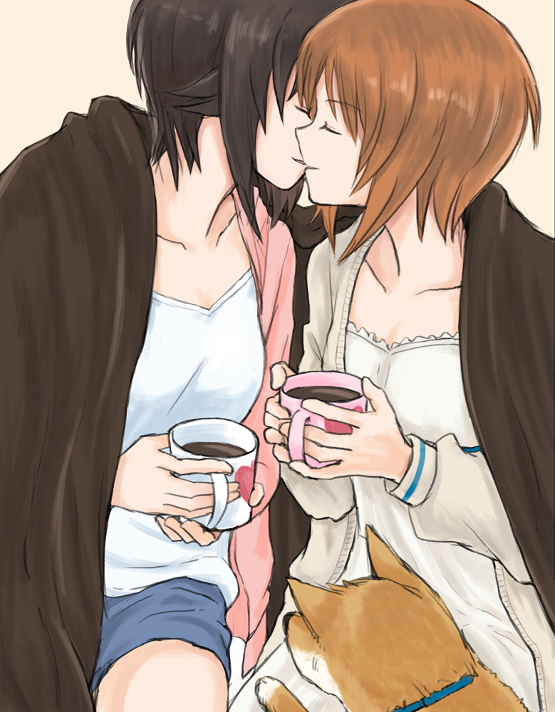 2girls bangs blue_shorts brown_hair cardigan casual closed_eyes commentary cup dog dress eyebrows_visible_through_hair facing_another girls_und_panzer heart heart_print holding holding_cup incest kiss long_sleeves mug multiple_girls mutsu_(layergreen) nishizumi_maho nishizumi_miho open_cardigan open_clothes parted_lips shared_blanket shiba_inu shirt short_hair shorts siblings side-by-side sisters sitting smile white_cardigan white_dress white_shirt yuri