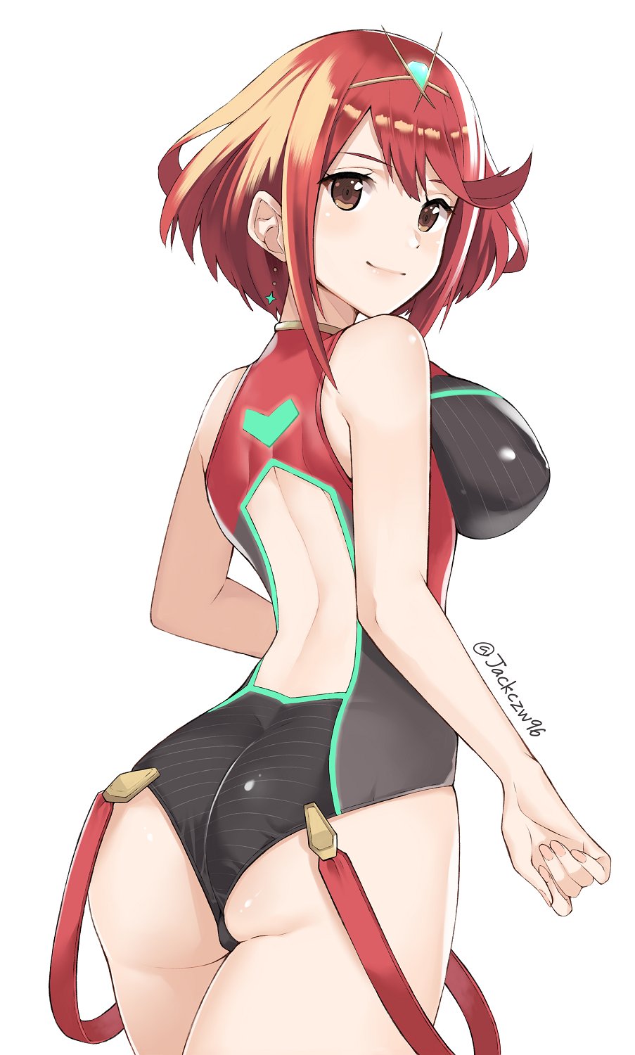 1girl ass back_cutout bangs bare_shoulders breasts brown_eyes earrings highres pyra_(xenoblade) j@ck jewelry large_breasts looking_at_viewer looking_back nintendo one-piece_swimsuit redhead ribbed_swimsuit short_hair smile solo star star_earrings swept_bangs swimsuit tiara twitter_username xenoblade_(series) xenoblade_2