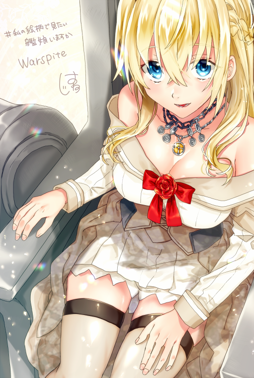 1girl bare_shoulders blonde_hair blue_eyes blush braid breasts cleavage commentary corset dress eyebrows_visible_through_hair fingernails flower french_braid from_above hair_between_eyes hair_over_shoulder hand_on_own_leg hatu_xxgoukan jewelry kantai_collection long_hair long_sleeves looking_up necklace off-shoulder_dress off_shoulder open_mouth red_flower red_ribbon red_rose ribbon rose signature sitting smile solo teeth thigh-highs throne warspite_(kantai_collection) white_dress white_legwear