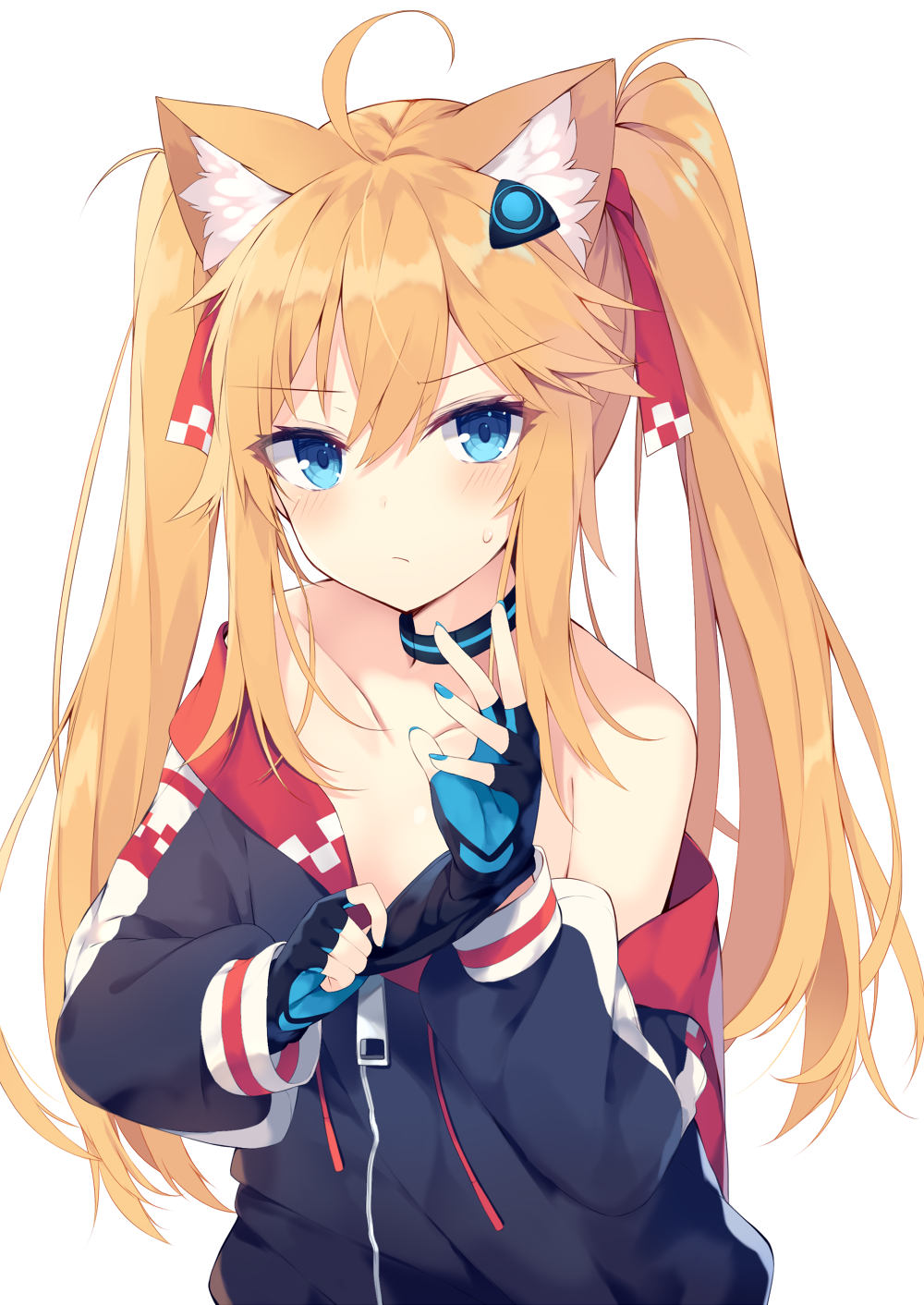 1girl ahoge animal_ear_fluff animal_ears bangs bare_shoulders black_gloves black_jacket blonde_hair blue_eyes blue_nails blush cat_ears choker closed_mouth collarbone commentary_request fingerless_gloves flat_chest frown gloves hair_between_eyes hair_ornament hair_ribbon highres jacket long_hair long_sleeves looking_at_viewer nail_polish nibiiro_shizuka off_shoulder original puffy_sleeves red_ribbon ribbon simple_background solo sweat twintails upper_body v-shaped_eyebrows white_background zipper_pull_tab