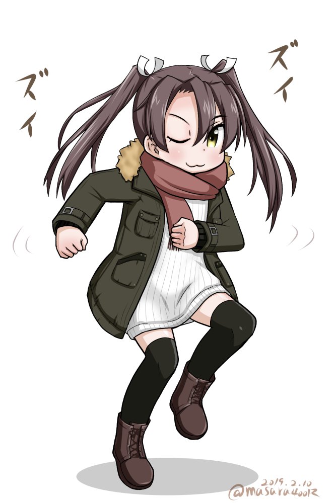 1girl :3 black_legwear boots brown_footwear brown_scarf coat cross-laced_footwear dated dress full_body fur-trimmed_coat fur_trim green_coat green_eyes grey_hair kantai_collection lace-up_boots long_hair masara_(masalucky2010) one_eye_closed ribbed_sweater scarf simple_background solo sweater sweater_dress thigh-highs twintails twitter_username white_background white_dress white_sweater zui_zui_dance zuikaku_(kantai_collection)