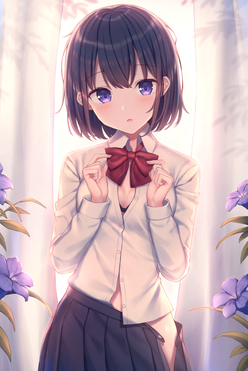 1girl backlighting bangs black_bra black_hair black_skirt blush bow bowtie bra breasts collared_shirt commentary curtains dress_shirt eyebrows_visible_through_hair flower hands_up highres kawami_nami long_sleeves looking_at_viewer open_clothes open_shirt original parted_lips pleated_skirt purple_flower red_neckwear shirt short_hair skirt skirt_pull small_breasts solo symbol_commentary underwear violet_eyes white_shirt