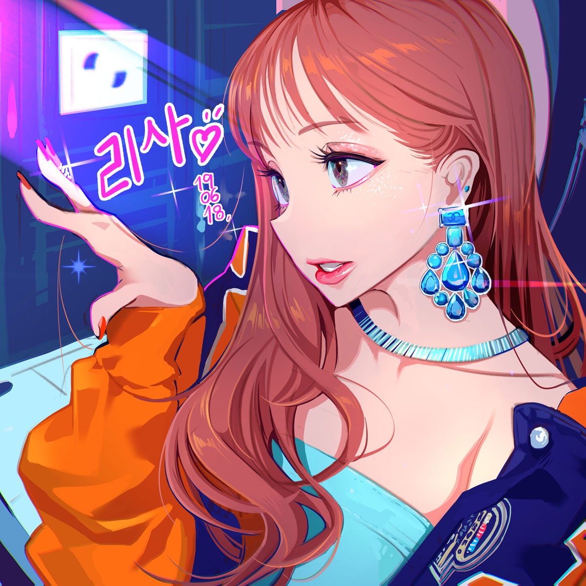 1girl aqua_earrings asian auburn_hair bangs blackpink chromatic_aberration collarbone commentary_request curly_hair dated earrings eyelashes eyes glint hair_over_shoulder hand_up highres jacket jewelry korean korean_commentary lips lisa_(blackpink) long_hair long_sleeves making_of music_video nail_polish necklace open_clothes open_jacket parted_lips profile puffy_lips rangsiwut_sangwatsharakul solo upper_body