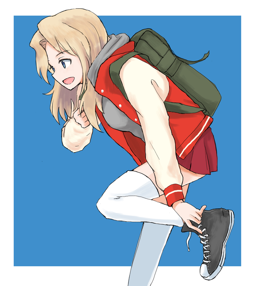 1girl backpack bag black_footwear blonde_hair blue_background blue_eyes casual commentary cross-laced_footwear eyebrows_visible_through_hair girls_und_panzer grey_shirt hair_intakes hood hoodie jacket kay_(girls_und_panzer) leaning_forward leg_up letterman_jacket long_hair long_sleeves miniskirt mutsu_(layergreen) open_clothes open_jacket open_mouth outside_border pleated_skirt red_jacket red_skirt shirt shoes skirt smile sneakers solo standing standing_on_one_leg thigh-highs white_legwear