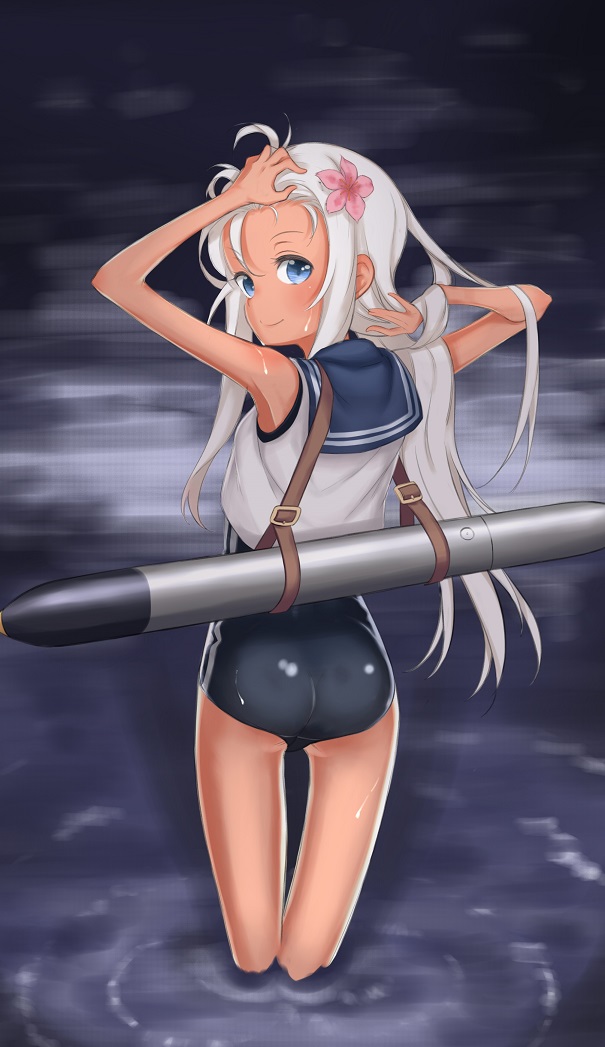 1girl adjusting_hair armpits arms_behind_head arms_up ass black_sailor_collar black_swimsuit blue_eyes commentary_request crop_top flower from_behind hair_flower hair_ornament kantai_collection long_hair looking_at_viewer looking_back one-piece_swimsuit one-piece_tan ro-500_(kantai_collection) sailor_collar school_swimsuit school_uniform serafuku shirt silver_hair sleeveless sleeveless_shirt smile solo standing swimsuit swimsuit_under_clothes tan tanline thigh_gap torpedo umi_(umi_no_kusomusi) wading water white_shirt