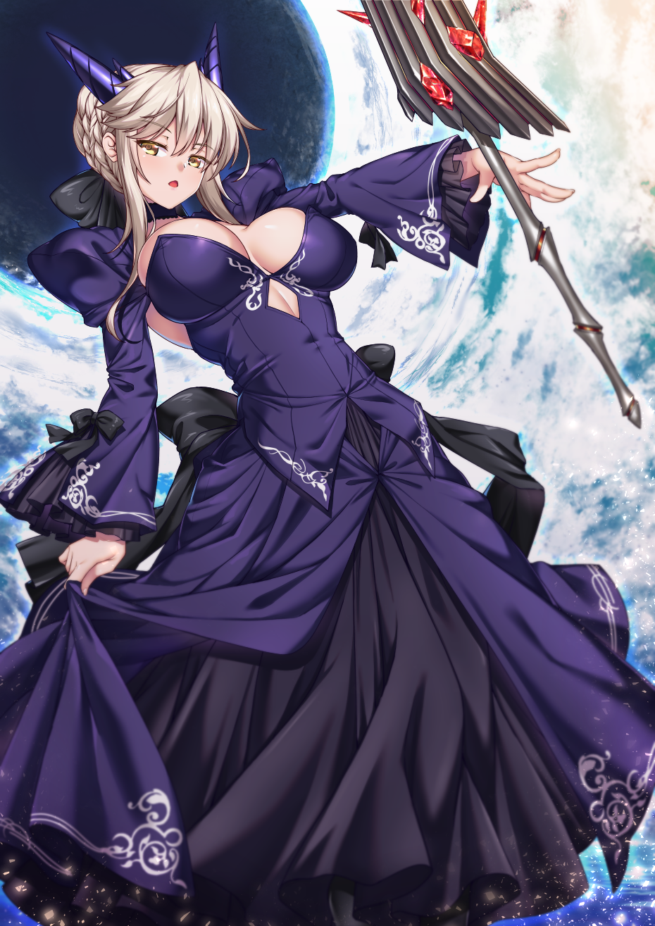 1girl ahoge artoria_pendragon_(all) artoria_pendragon_(lancer_alter) bangs black_choker black_dress black_ribbon blonde_hair braid breasts choker cleavage clouds commentary_request cosplay covered_navel cowboy_shot dress dress_lift fate/grand_order fate_(series) french_braid frilled_sleeves frills hair_bun highres horns large_breasts long_sleeves looking_at_viewer open_mouth puffy_long_sleeves puffy_sleeves ribbon saber_alter shirokuma_a sidelocks solo swept_bangs under_boob wide_sleeves yellow_eyes