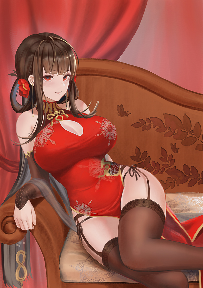1girl alternate_costume bare_shoulders breasts brown_hair china_dress chinese_clothes chinese_commentary cleavage cleavage_cutout commentary_request couch dress dsr-50_(girls_frontline) elbow_gloves fingerless_gloves flower garter_belt garter_straps girls_frontline gloves hair_flower hair_ornament hair_rings large_breasts olin_(nienxddd) panties reclining red_eyes side-tie_panties solo thigh-highs underwear
