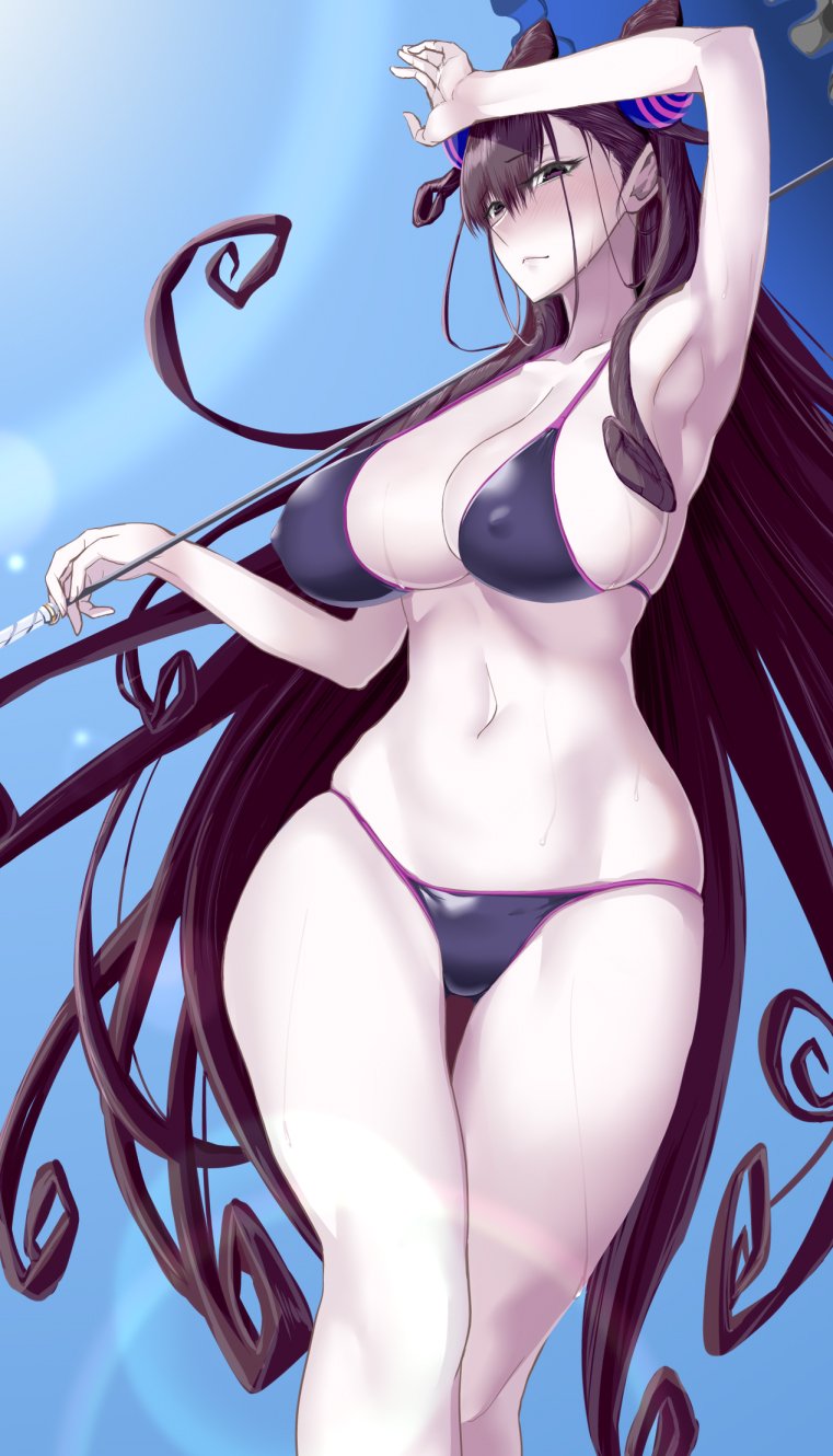 1girl bangs bikini blue_sky breasts brown_hair cleavage closed_mouth commentary double_bun eenui334 erect_nipples eyebrows_visible_through_hair fate/grand_order fate_(series) hair_between_eyes hair_ornament highres large_breasts long_hair murasaki_shikibu_(fate) navel outdoors sky solo swimsuit umbrella very_long_hair violet_eyes