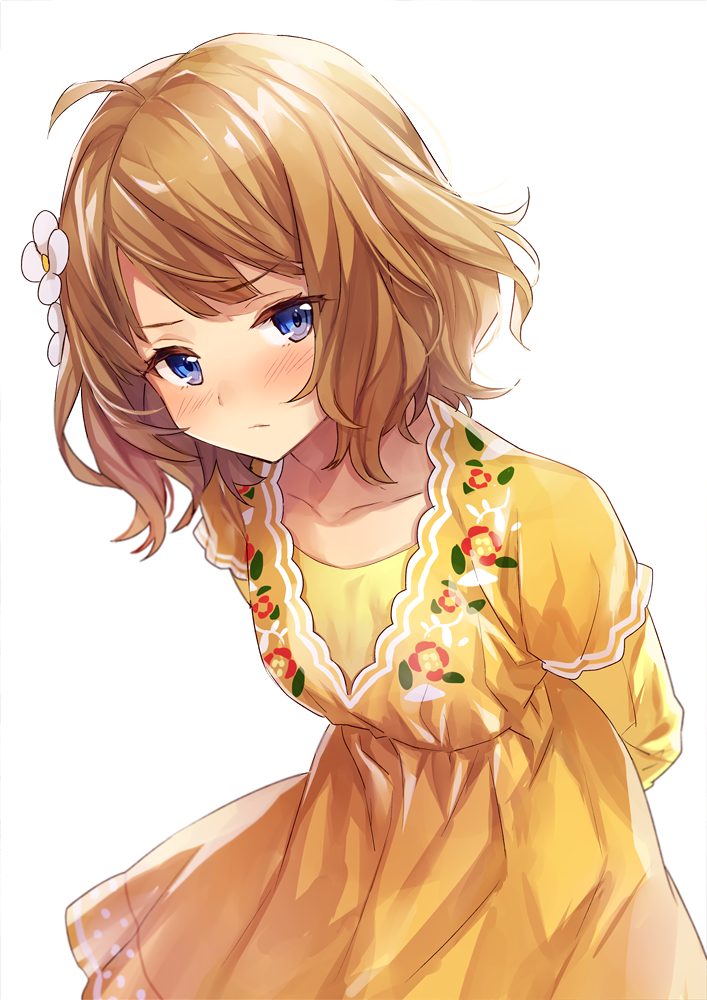 1girl arms_behind_back blue_eyes blush brown_eyes cowboy_shot dress floral_print flower hair_between_eyes hair_flower hair_ornament idolmaster idolmaster_million_live! layered_sleeves leaning_forward light_brown_hair long_sleeves looking_at_viewer short_hair simple_background solo suou_momoko wavy_hair yellow_dress yuzuki_karu