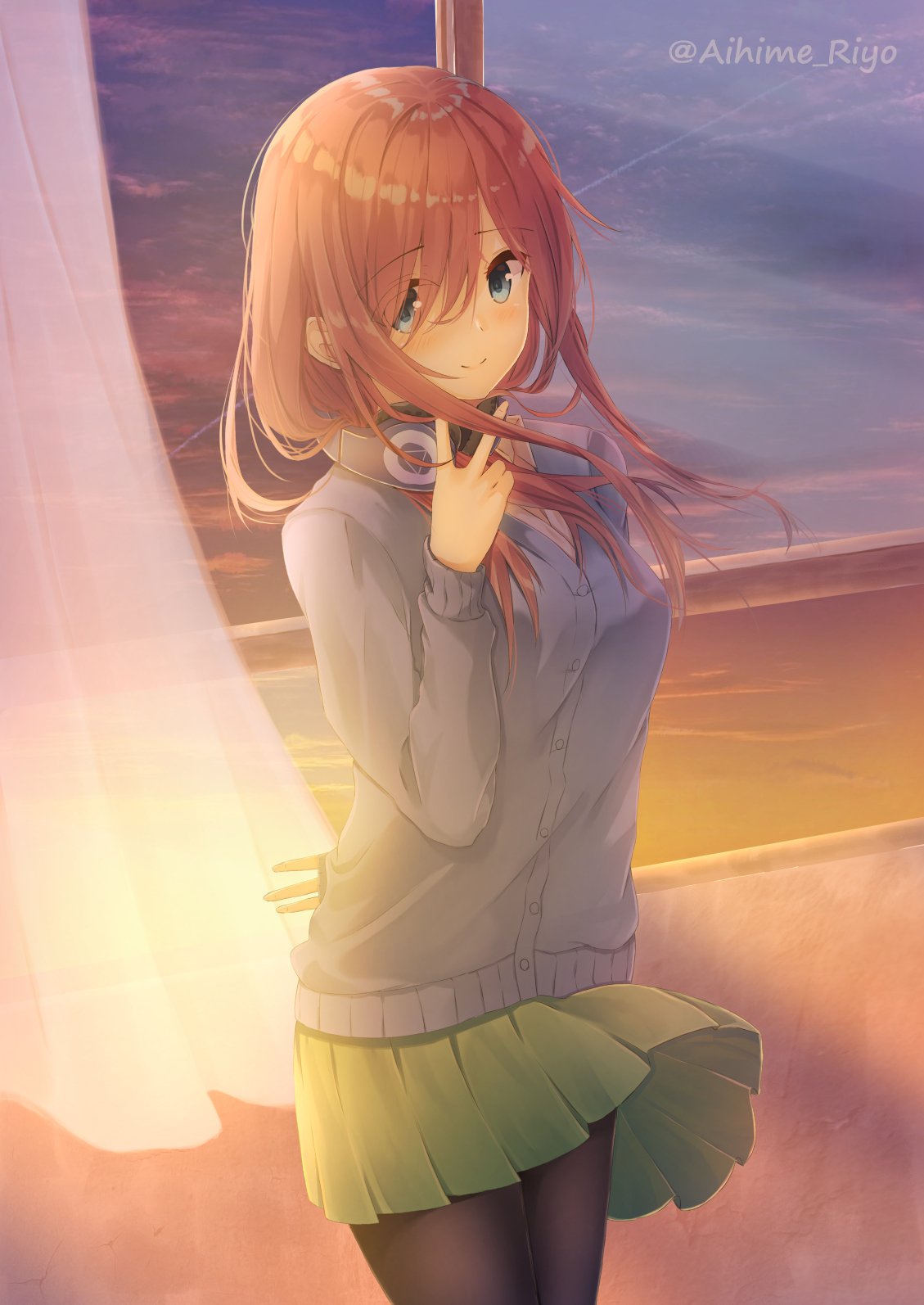 1girl aihime_riyo artist_name black_legwear blue_cardigan blue_eyes blush breasts brown_hair cardigan closed_mouth clouds condensation_trail curtains dusk eyebrows_visible_through_hair go-toubun_no_hanayome green_skirt hair_between_eyes headphones headphones_around_neck highres indoors legs long_sleeves looking_at_viewer medium_breasts medium_hair multicolored multicolored_sky nakano_miku pantyhose shirt skirt sky smile solo standing thighs white_shirt window windowsill