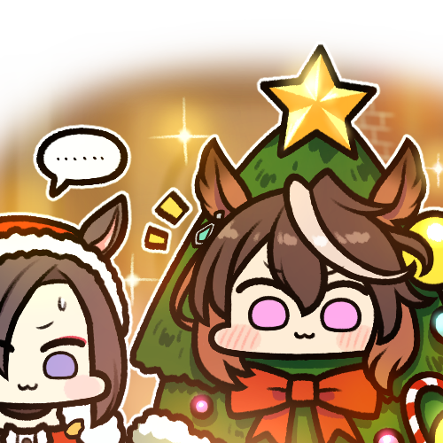 ... 2girls :3 air_groove_(umamusume) animal_ears brown_hair christmas_tree commentary fur_trim hat horse_ears horse_girl jazz_jack looking_at_viewer lowres multicolored_hair multiple_girls santa_costume santa_hat spoken_ellipsis symboli_rudolf_(umamusume) umamusume violet_eyes white_hair