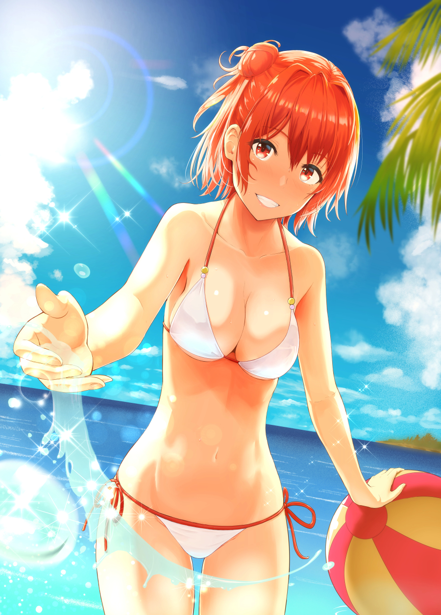 1girl ball beachball bikini breasts cleavage collarbone cowboy_shot grin groin hair_between_eyes hair_bun highres looking_at_viewer medium_breasts navel ocean orange_hair red_eyes shiny shiny_hair short_hair shukurin side-tie_bikini smile solo standing sun sunlight swimsuit under_boob white_bikini yahari_ore_no_seishun_lovecome_wa_machigatteiru. yuigahama_yui