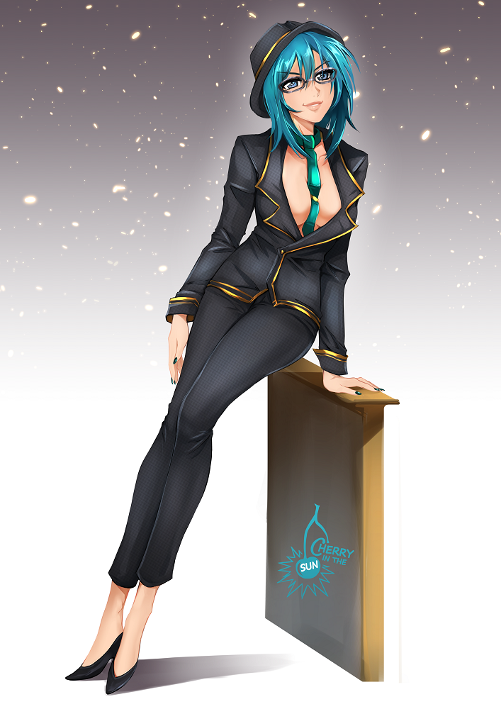 1girl artist_name between_breasts black_footwear black_nails black_pants blue_eyes blue_hair breasts cherry_in_the_sun commission fedora glasses green_neckwear hat high_school_dxd medium_breasts nail_polish no_bra pants parted_lips short_hair solo yura_tsubasa