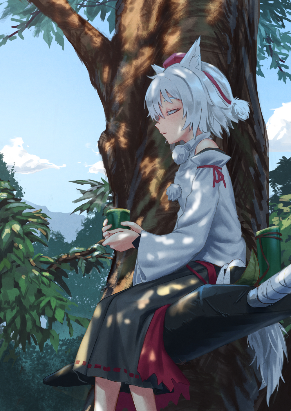 1girl animal_ear_fluff animal_ears bangs bare_shoulders black_skirt blue_sky closed_eyes clouds colored_eyelashes commentary_request cup day detached_sleeves feet_out_of_frame forest from_side hair_between_eyes hat highres holding holding_cup inubashiri_momiji long_sleeves nature outdoors parted_lips pom_pom_(clothes) profile roke_(taikodon) shirt short_hair silver_hair sitting skirt sky solo sword tail tassel tokin_hat touhou tree weapon white_shirt wide_sleeves wolf_ears wolf_tail