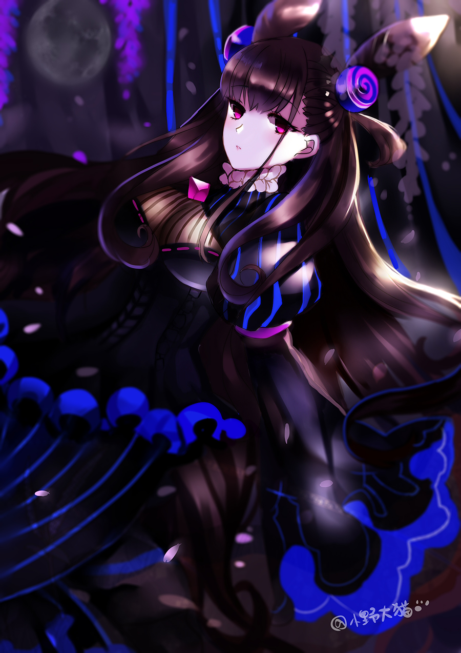 1girl bangs black_dress blurry blurry_background breasts brown_hair commentary_request depth_of_field dress dutch_angle eyebrows_visible_through_hair fate/grand_order fate_(series) full_moon hair_ornament highres juliet_sleeves large_breasts long_hair long_sleeves looking_at_viewer lunacats moon murasaki_shikibu_(fate) parted_lips puffy_sleeves ribbon-trimmed_dress ribbon_trim sidelocks sleeves_past_fingers sleeves_past_wrists solo twitter_username two_side_up very_long_hair violet_eyes wide_sleeves