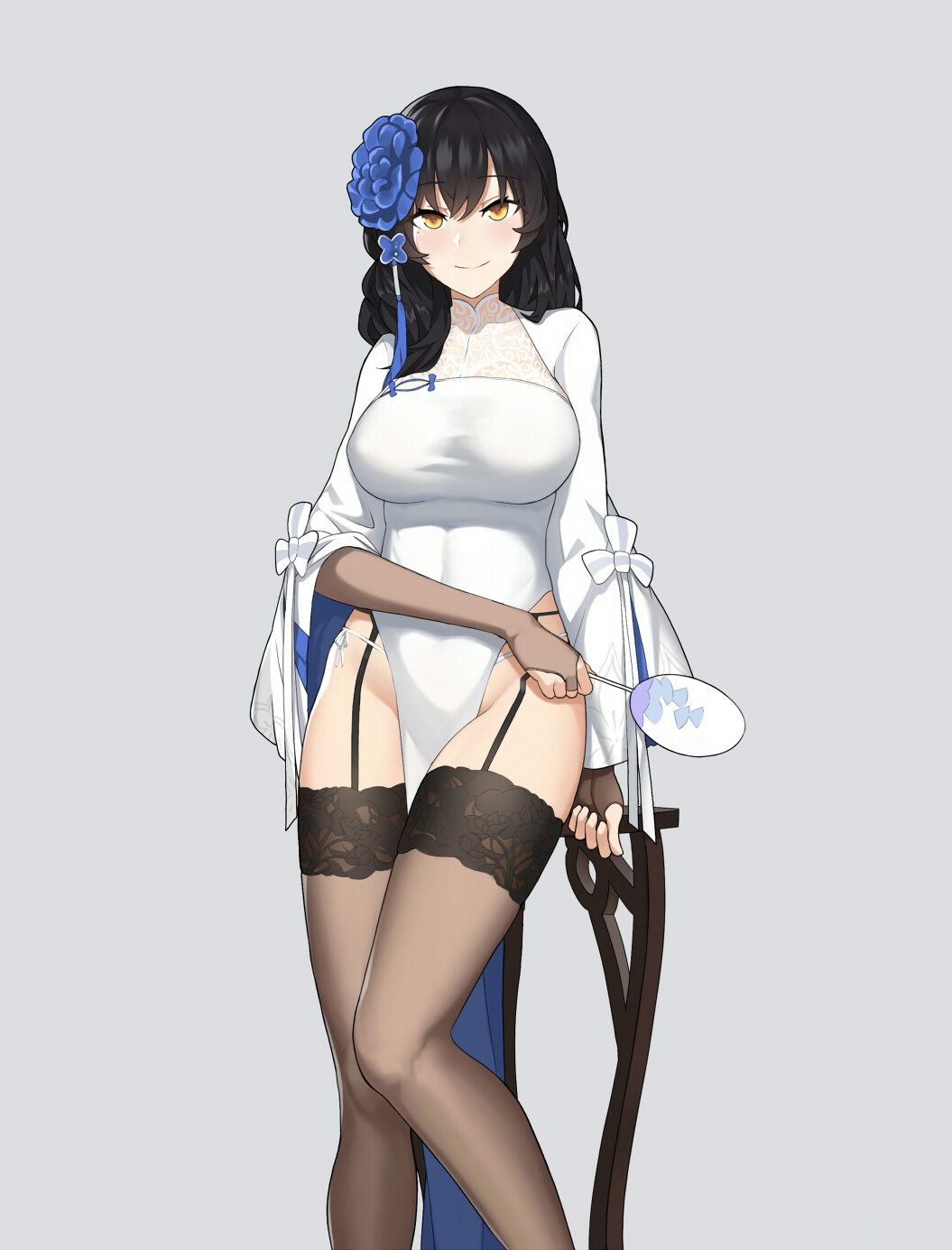 1girl bangs black_hair blue_flower breasts bridal_gauntlets brown_eyes brown_legwear cero_(last2stage) china_dress chinese_clothes closed_eyes commentary_request dress fan feet_out_of_frame flower garter_belt girls_frontline grey_background groin hair_between_eyes hair_flower hair_ornament highres holding holding_fan korean_commentary large_breasts long_hair long_sleeves looking_at_viewer mole mole_under_eye panties pelvic_curtain qbz-95_(girls_frontline) side-tie_panties simple_background smile solo standing thigh-highs thighs underwear white_dress white_panties wide_sleeves