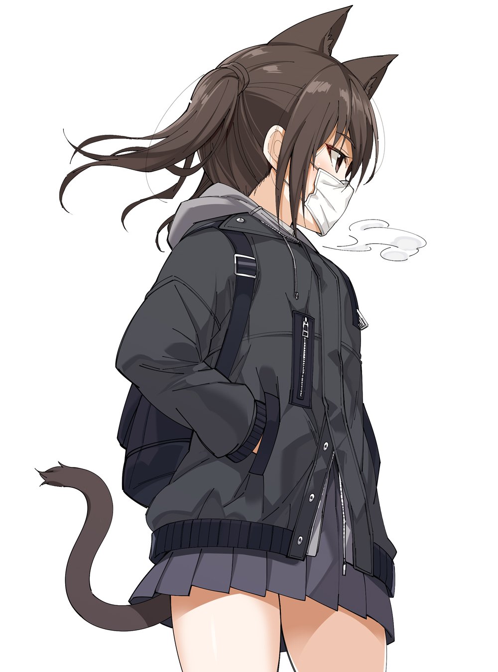 1girl animal_ears backpack bag bangs breath brown_eyes brown_hair cat_ears cat_tail coat commentary_request cowboy_shot face_mask from_side hands_in_pockets highres hood hood_down hooded_coat idolmaster idolmaster_cinderella_girls kemonomimi_mode long_hair looking_ahead mask miniskirt oota_yuuichi pleated_skirt profile simple_background skirt solo standing sunazuka_akira surgical_mask tail twintails white_background zipper zipper_pull_tab