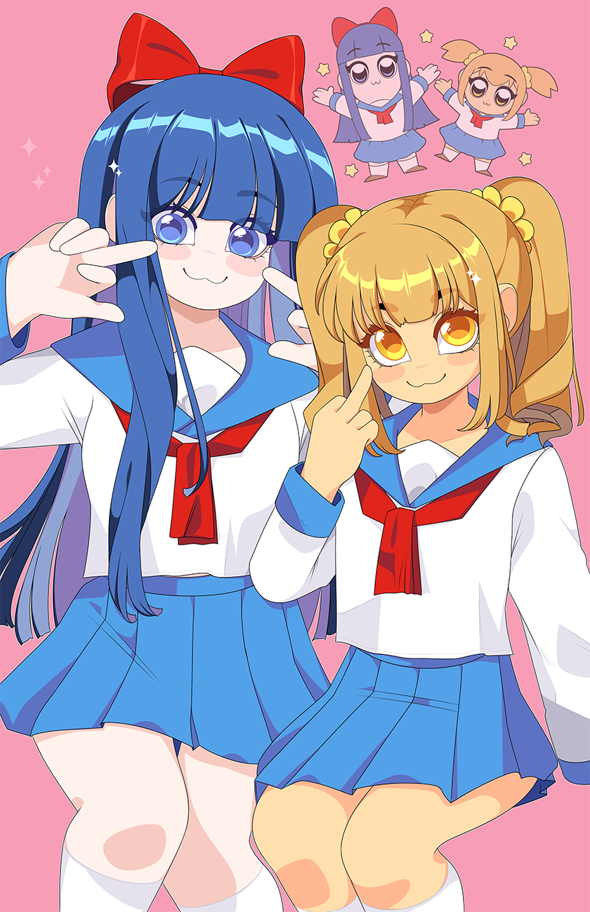 2girls :3 bangs blue_eyes blue_hair blue_sailor_collar blue_skirt blunt_bangs bow eyebrows_visible_through_hair eyes_visible_through_hair fang hair_bow highres light_brown_hair long_hair long_sleeves looking_at_viewer middle_finger multiple_girls pink_background pipimi pleated_skirt poptepipic popuko queen_ashi red_bow red_neckwear sailor_collar shirt skirt smile sparkle twintails very_long_hair white_legwear white_shirt yellow_eyes