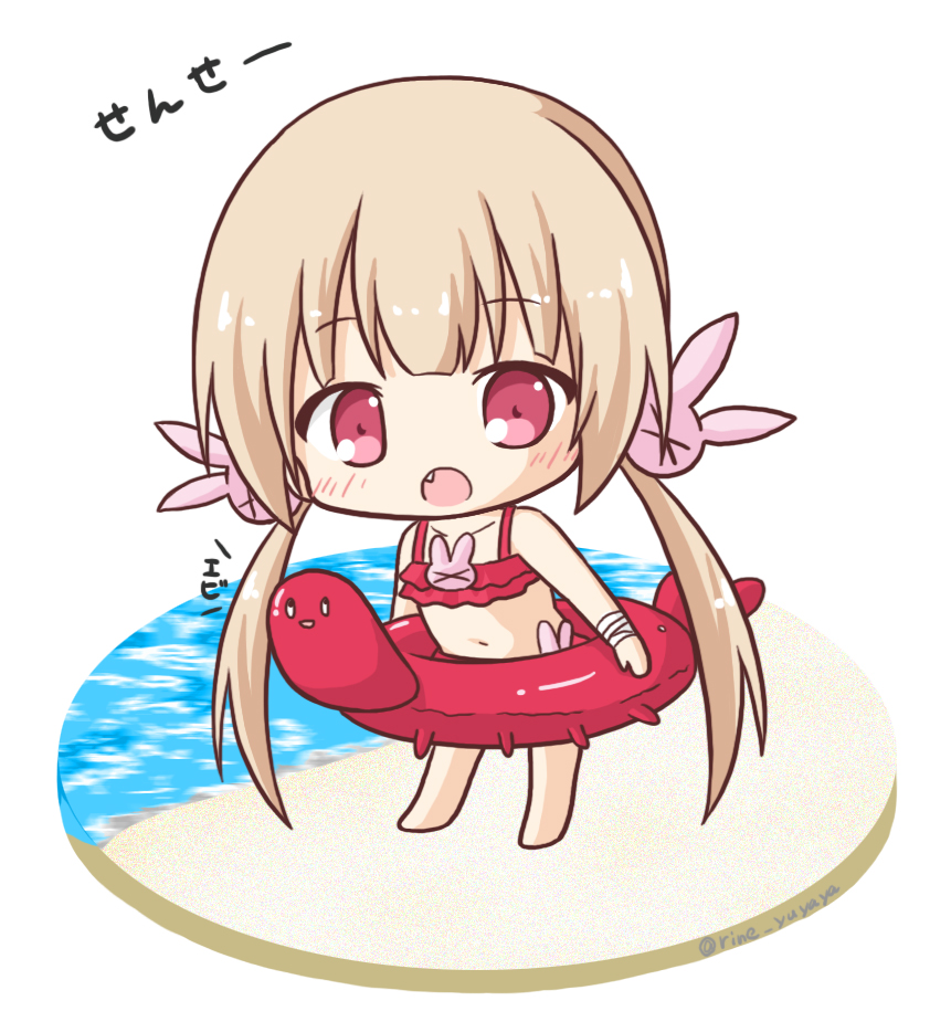 &gt;_&lt; 1girl :o bandage bandaged_arm bandages bare_shoulders barefoot beach bikini blush bunny_hair_ornament chibi collarbone fang full_body hair_ornament innertube light_brown_hair long_hair looking_at_viewer low_twintails natori_sana navel open_mouth red_bikini red_eyes red_innertube rinechun sana_channel sand solo standing swimsuit translated twintails very_long_hair virtual_youtuber water white_background
