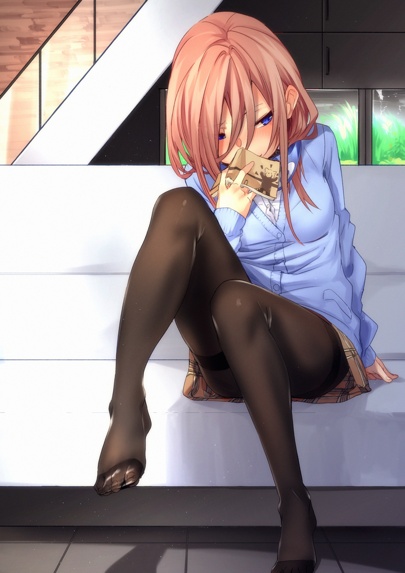 1girl bangs black_legwear blue_cardigan blue_eyes blush book breasts brown_skirt closed_mouth commentary_request couch fu-ta go-toubun_no_hanayome hair_between_eyes headphones headphones_around_neck holding holding_book indoors legs long_sleeves looking_down medium_breasts medium_hair nakano_miku on_couch pantyhose pink_hair shirt sitting skirt solo thighs white_shirt