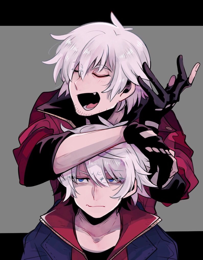 2boys bangs black_gloves blue_eyes closed_eyes closed_mouth dante_(devil_may_cry) devil_may_cry devil_may_cry_4 eyebrows_visible_through_hair facial_hair fang fingerless_gloves gloves grey_background mako_gai multiple_boys nero_(devil_may_cry) open_mouth shaded_face simple_background sleeves_rolled_up