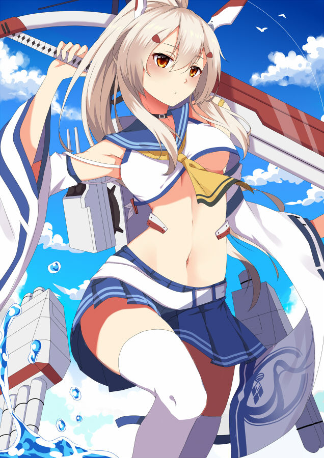 1girl armpits ayanami_(azur_lane) azur_lane bangs bare_shoulders belt bima_rahmaa black_choker blue_sailor_collar blue_skirt blue_sky blush bouncing_breasts breasts choker closed_eyes closed_mouth clouds commentary_request crop_top crop_top_overhang day detached_sleeves expressionless hair_between_eyes hair_ornament hairclip high_ponytail holding holding_sword holding_weapon knee_up long_hair long_sleeves looking_at_viewer medium_breasts miniskirt navel neckerchief orange_eyes outdoors pleated_skirt ponytail sailor_collar silver_hair skirt sky solo splashing stomach sword thigh-highs torpedo_tubes unaligned_breasts under_boob water weapon white_legwear wide_sleeves yellow_neckwear
