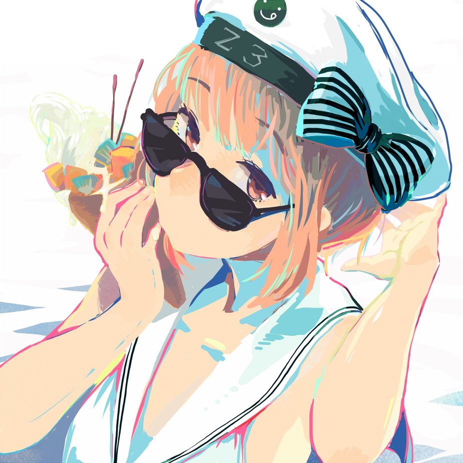 1girl bangs blunt_bangs bow brown_eyes brown_hair close-up closed_mouth clothes_writing eyebrows_visible_through_hair food hat holding holding_food ice_cream kantai_collection looking_at_viewer peaked_cap sailor_collar sailor_hat short_hair simple_background solo sunglasses swimsuit white_background white_sailor_collar you_(yawnmgmg) z3_max_schultz_(kantai_collection)