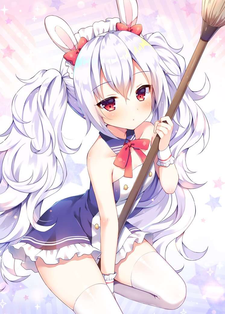 1girl alternate_costume animal_ears azur_lane bangs bare_shoulders between_legs blue_collar blue_dress blush bow breasts broom closed_mouth collar collarbone commentary_request detached_collar dress enmaided eyebrows_visible_through_hair hair_between_eyes holding holding_broom laffey_(azur_lane) long_hair looking_at_viewer maid maid_headdress mauve rabbit_ears red_bow red_eyes sidelocks silver_hair small_breasts solo sparkle star strapless strapless_dress thigh-highs twintails very_long_hair white_legwear wrist_cuffs