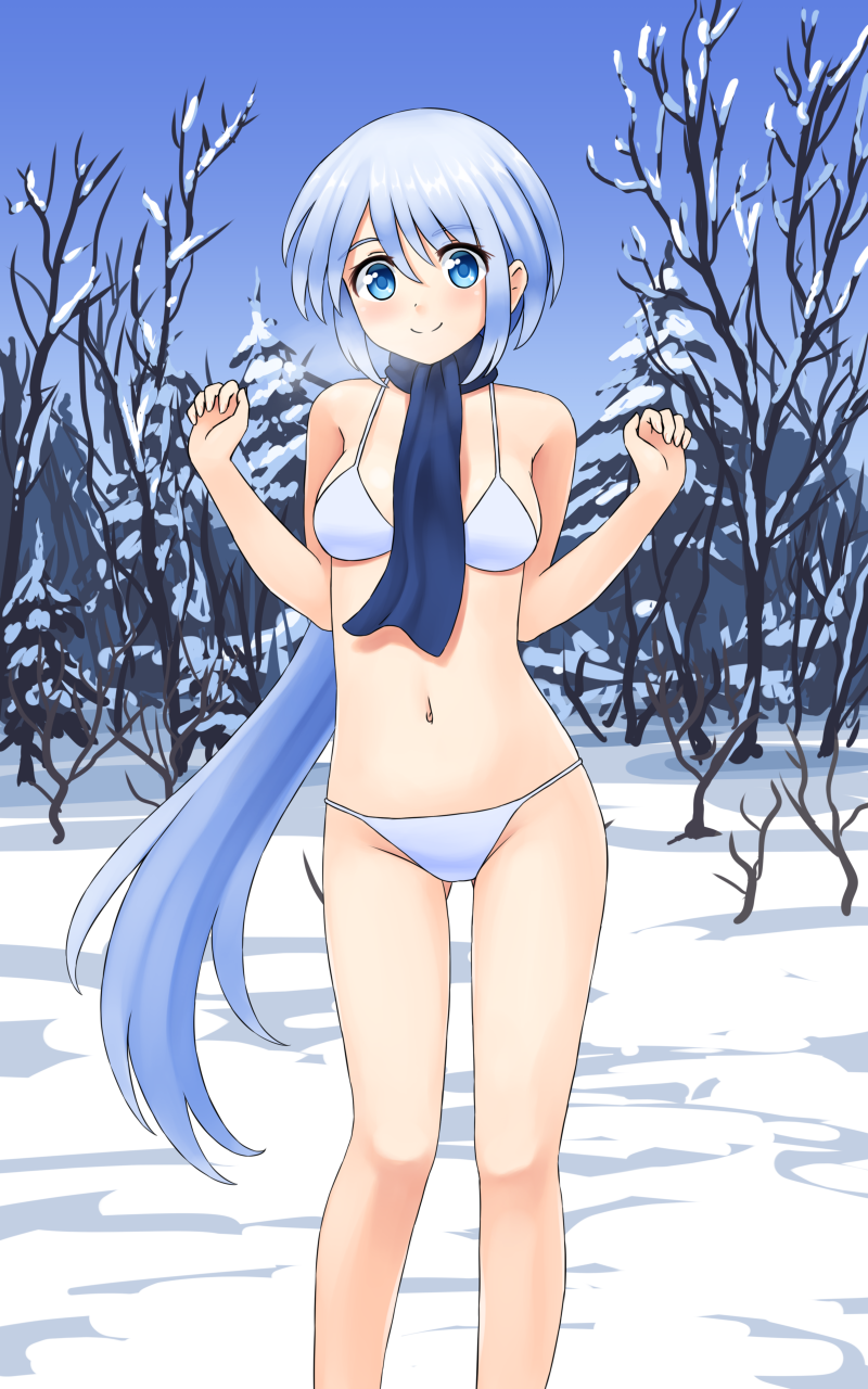 1girl aposine bare_tree bikini breasts breath day forest highres light_blue_hair long_hair looking_at_viewer low-tied_long_hair nature navel original outdoors pine_tree scarf smile snow solo standing swimsuit tree very_long_hair w_arms white_bikini winter