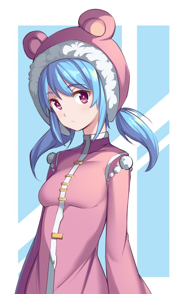1girl :/ animal_hood blue_hair closed_mouth commentary detached_hood eyebrows_visible_through_hair fur-trimmed_hood fur_trim hood jacket long_hair long_sleeves looking_at_viewer low_twintails nixie_(rabi_ribi) official_art pink_eyes pink_jacket pom_pom_(clothes) rabi-ribi saiste simple_background solo twintails