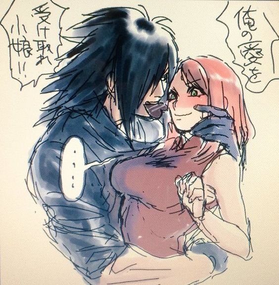 1boy 1girl black_hair female green_eyes haruno_sakura male naruto pink_hair uchiha_madara