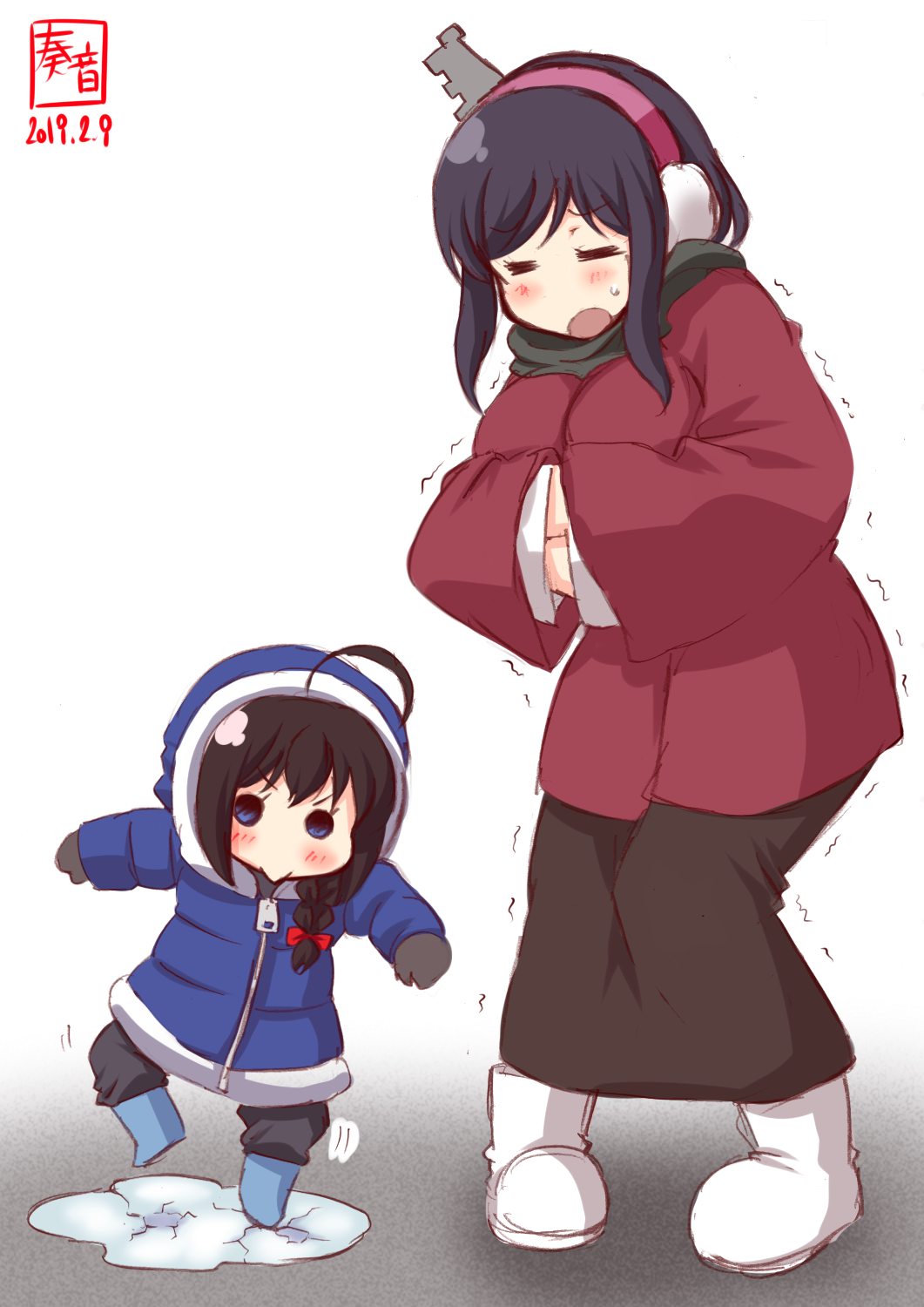 2girls ahoge alternate_costume artist_logo black_hair blush boots bow braid child closed_eyes coat cold crack cracked_floor cracking dated earmuffs gloves hair_bow highres ice kanon_(kurogane_knights) kantai_collection multiple_girls open_mouth red_bow scarf shigure_(kantai_collection) short_hair sidelocks single_braid trembling winter_clothes yamashiro_(kantai_collection) younger zipper zipper_pull_tab