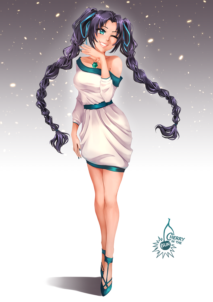 1girl aqua_eyes aqua_footwear aqua_nails aqua_ribbon artist_name breasts cherry_in_the_sun commission dress grin hair_ribbon high_school_dxd jewelry long_hair medium_breasts nail_polish one_eye_closed pendant purple_hair ribbon serafall_leviathan smile solo teeth twintails very_long_hair