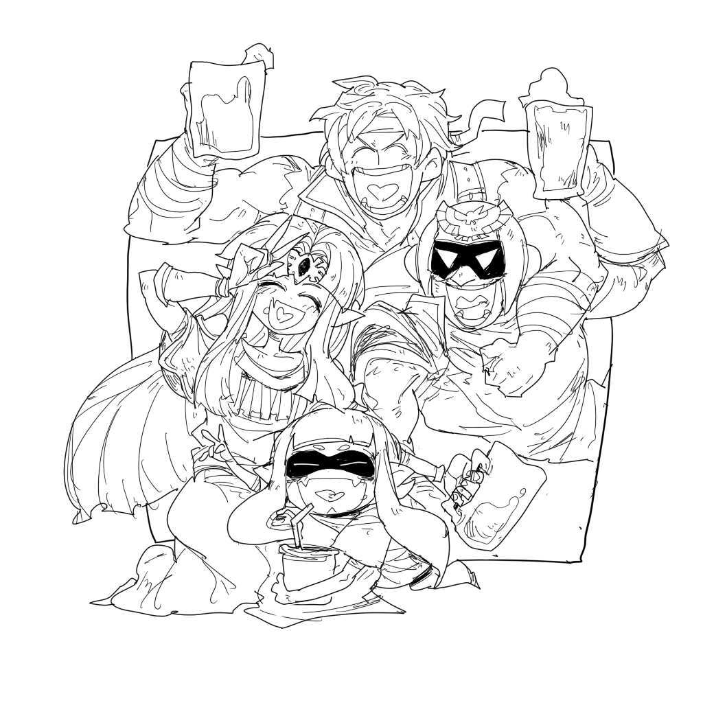 2boys 2girls alcohol beer beer_mug captain_falcon castlevania castlevania:_rondo_of_blood circlet cup disposable_cup dress drinking_straw f-zero greyscale hair_intakes happy heart heart_in_mouth helmet inkling konami long_hair mask monochrome multiple_boys multiple_girls nintendo oshaka_(haguki) princess_zelda richter_belmondo scarf smile super_smash_bros. super_smash_bros._ultimate the_legend_of_zelda the_legend_of_zelda:_a_link_between_worlds v