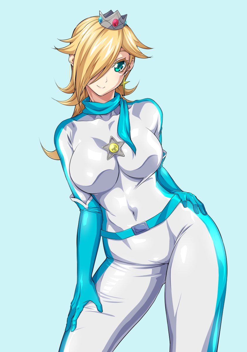 1girl blonde_hair blue_background bodysuit breasts commentary_request cowboy_shot crown earrings elbow_gloves gloves green_eyes hair_over_one_eye highres jewelry large_breasts super_mario_bros. mini_crown nintendo ozaneko rosetta_(mario) solo star star_earrings super_mario_galaxy zero_suit