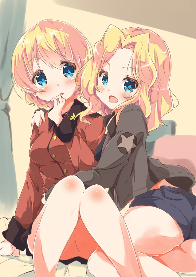 2girls arm_around_shoulder arm_support bangs bed_sheet black_shirt black_skirt blonde_hair blue_eyes blue_shorts blurry blurry_background blush braid brown_jacket closed_eyes commentary darjeeling epaulettes eyebrows_visible_through_hair girls_und_panzer hair_intakes hand_to_own_mouth head_tilt hug indoors jacket kay_(girls_und_panzer) legs light_frown long_hair long_sleeves looking_at_another looking_at_viewer military military_uniform miniskirt multiple_girls no_legwear on_bed open_clothes open_jacket parted_lips pleated_skirt red_jacket saunders_military_uniform shirt short_hair short_shorts shorts sitting skirt smile st._gloriana's_military_uniform star tied_hair tom_q_(tomtoq) twin_braids uniform yokozuwari yuri