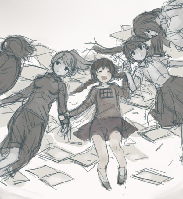 braid breasts closed_eyes dress long_hair madotsuki monoe monoko multiple_girls open_mouth poniko ponytail shousan_(hno3syo) sketch skirt smile source_request sweater twin_braids twintails yume_nikki