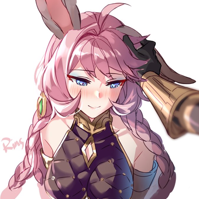1boy 1girl ahoge aki663 animal_ears bangs bare_shoulders blue_eyes blush braid breasts erune esser eyebrows_visible_through_hair gauntlets gloves granblue_fantasy hair_ornament hand_on_another's_head long_hair looking_at_viewer looking_away out_of_frame petting pink_hair pov pov_hands quatre_(granblue_fantasy) sleeveless smile very_long_hair