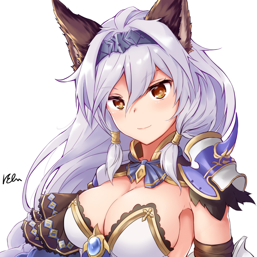 1girl animal_ears armor armpits bangs blue_neckwear breasts brown_eyes cleavage closed_mouth commentary_request erune granblue_fantasy hair_between_eyes hair_intakes hair_tubes hairband heles lace_trim large_breasts long_hair looking_at_viewer pnt_(ddnu4555) sanpaku shoulder_armor signature simple_background smile solo spaulders strapless upper_body white_background white_hair