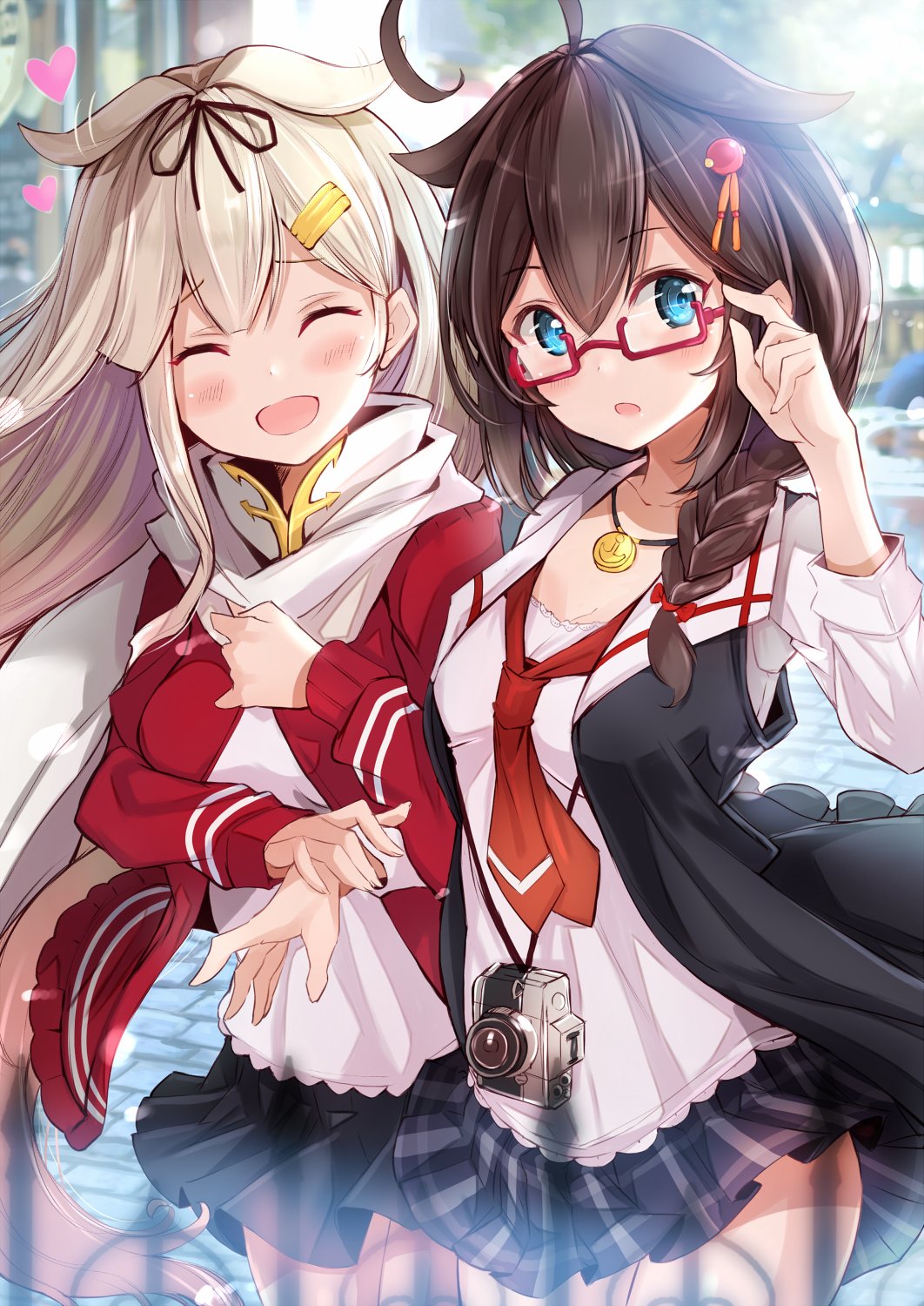 2girls ahoge alternate_costume bangs black_ribbon black_skirt blonde_hair blouse blue_eyes blue_skirt blue_sky blush braid breasts brown_hair camera cardigan casual clouds day fuku_kitsune_(fuku_fox) glasses hair_flaps hair_ornament hair_over_shoulder hair_ribbon hairclip highres jewelry kantai_collection locked_arms long_hair looking_at_viewer medium_breasts messy_hair multiple_girls necklace open_cardigan open_clothes open_mouth open_vest outdoors plaid plaid_skirt red-framed_eyewear remodel_(kantai_collection) ribbon scarf shigure_(kantai_collection) shirt sidelocks single_braid skirt sky sleeves_folded_up smile vest white_blouse white_shirt yuudachi_(kantai_collection)