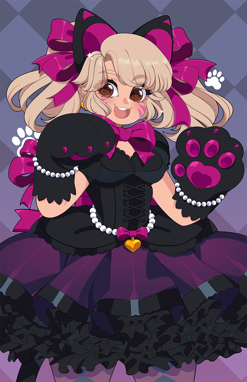 1girl alternate_costume animal_ears black_cat_d.va black_dress black_gloves blonde_hair bow breasts brown_eyes cowboy_shot d.va_(overwatch) dress eyebrows_visible_through_hair eyes_visible_through_hair frilled_dress frills gloves hair_bow highres long_hair looking_at_viewer open_mouth overwatch purple_bow queen_ashi smile solo twintails