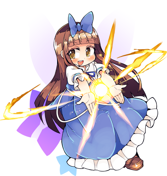 1girl blue_dress boots bow brown_eyes brown_footwear brown_hair commentary_request dress fairy fairy_wings full_body hair_bow ini_(inunabe00) light long_hair magic open_mouth outstretched_arms ribbon smile solo star star_sapphire touhou transparent_background wings